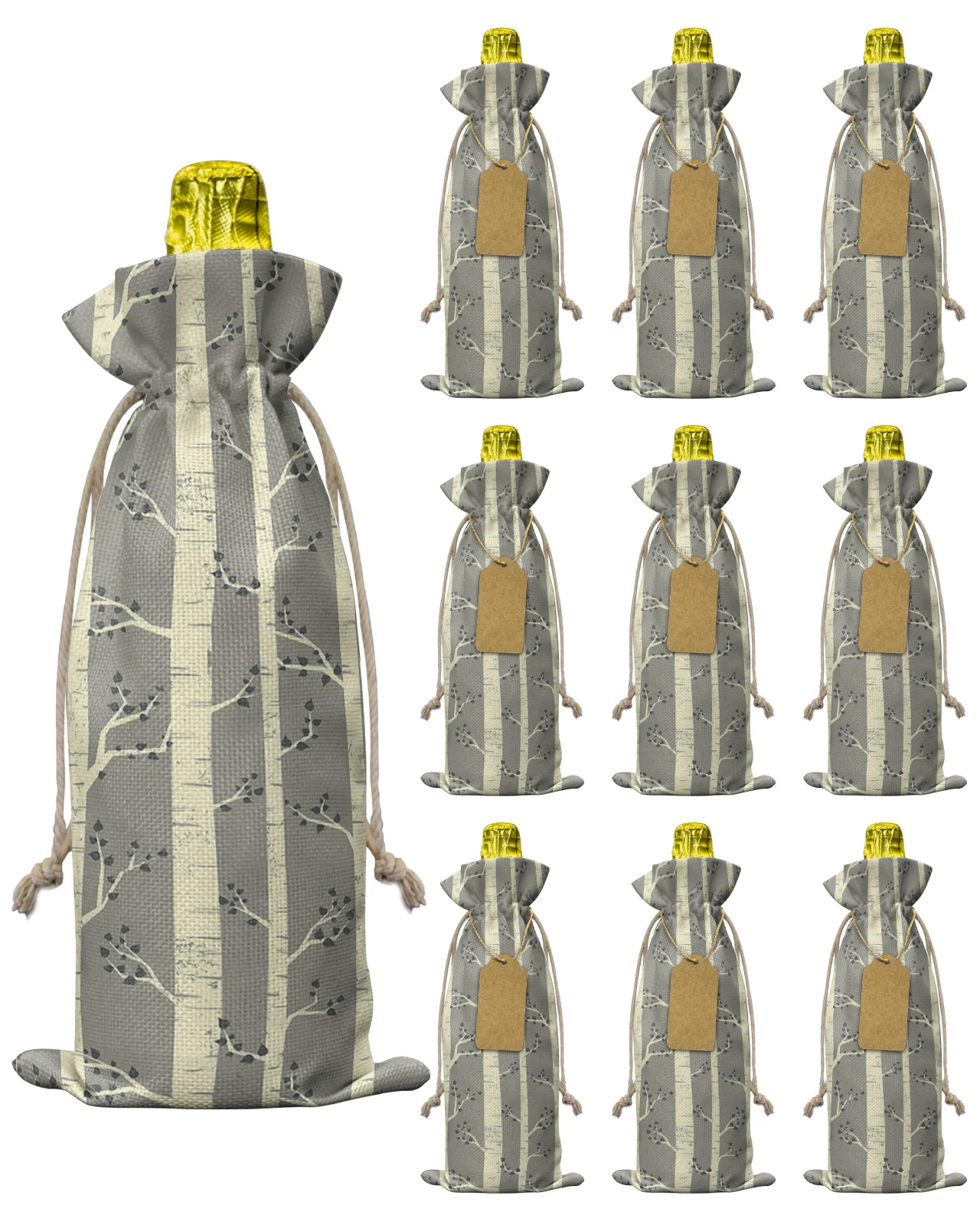 10pcs Birch Tree Drawstring Wine Bottle Covers Reusable Bottle Wrap Gift Package Party Decor Wine Bags