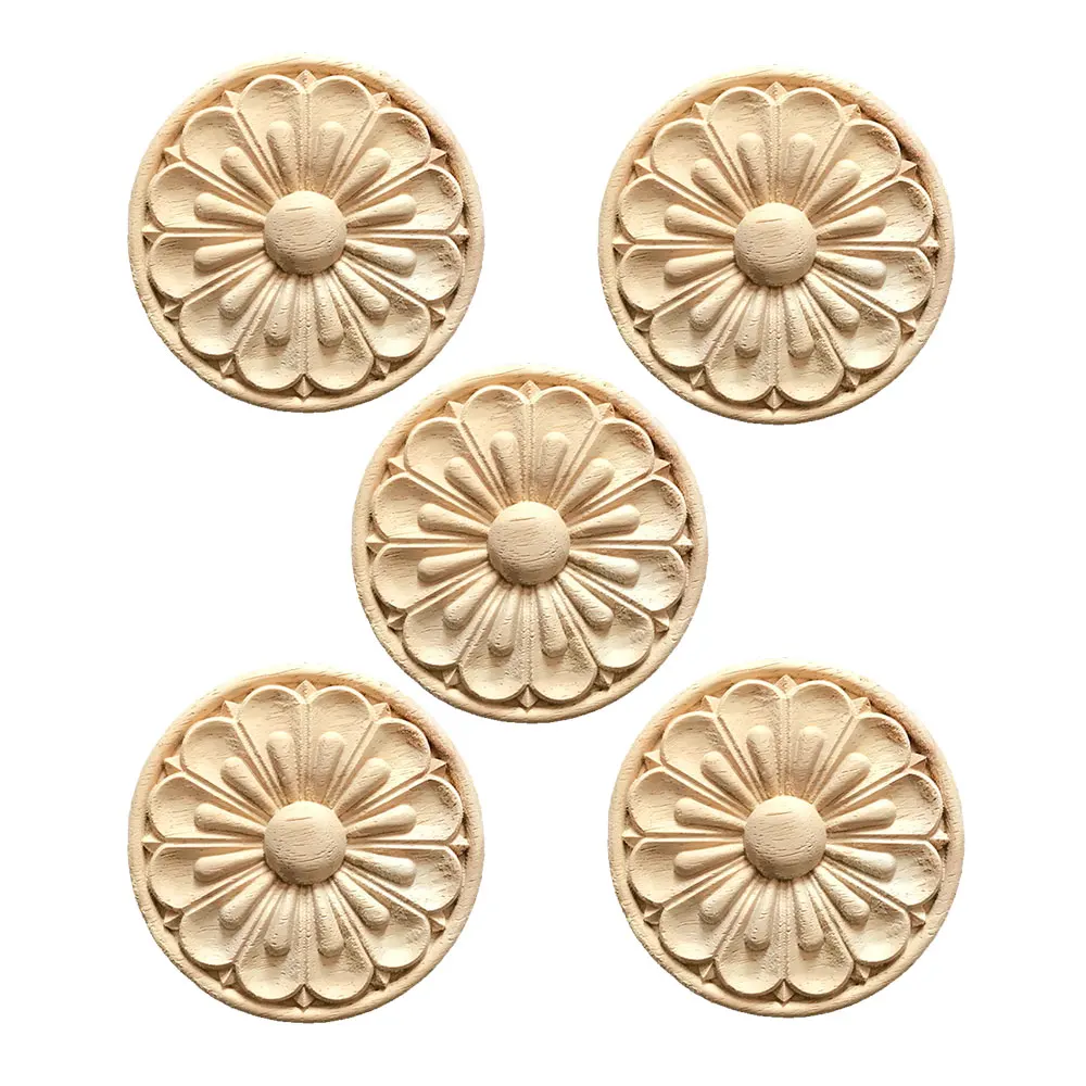 

5PCS Wood Carved Flower Decal Unpainted Onlay Applique Furniture Decor Round Wood Carving Corner Flower Door Cabinet Accessories