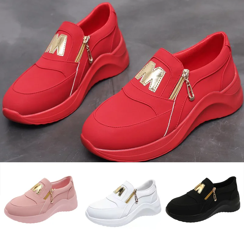 

Zapatos De Mujer Women Shoes Sport Thick Bottom Vulcanize Shoes Sneakers Solid Color Casual Wedge Walking Slip On Zipper Shoes