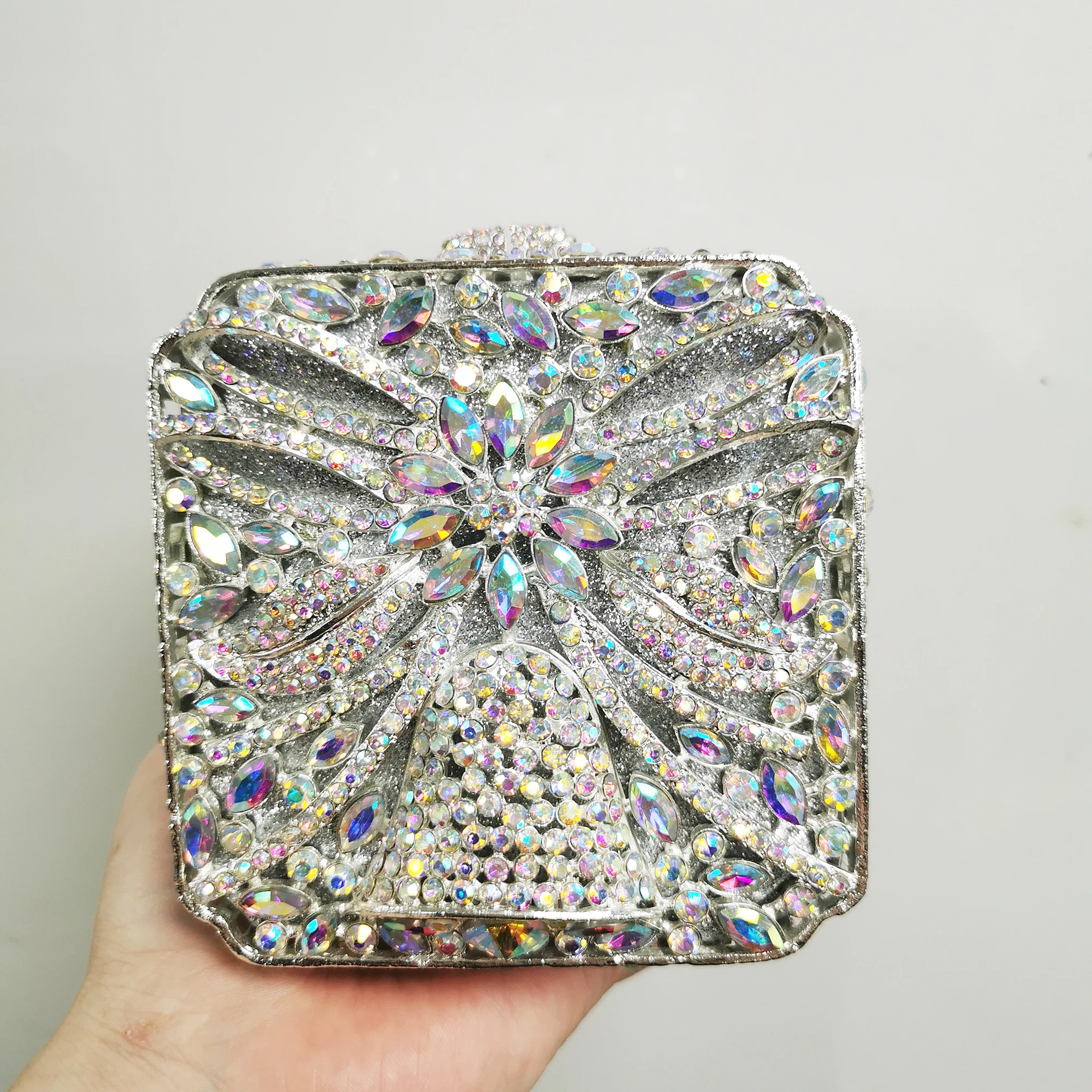 

Woman Silver AB Hollow Out Gala Clutch Purse Wedding Bridal Crystal Mini Square Handbag Party Dinner Diamond Stone Evening Bag
