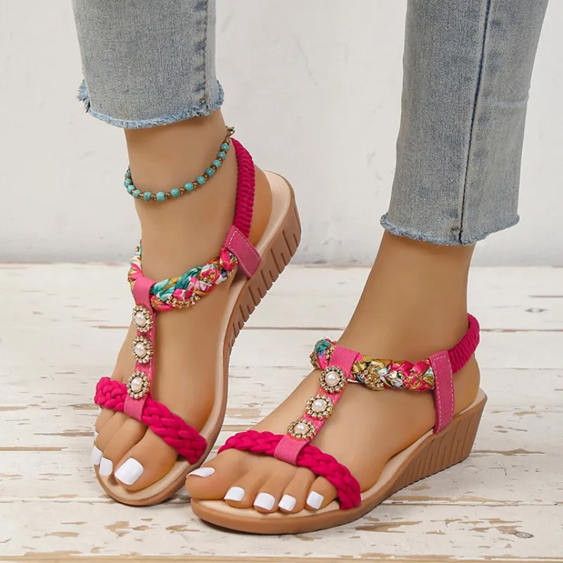 

Женские шлепанцы с жемчугом, сандалии на танкетке, повседневные шлепанцы на платформе, классические тапочки на среднем каблуке, лето 2023