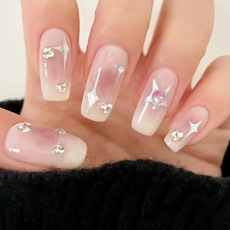 

Pink Purple Hand-Worn Nail Short Starry Sky Speed Nail Tip Patch Finished Blush Jelly Glue Fake Nails Detachable