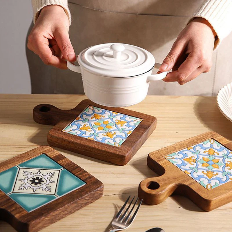 

Home Creative Wood Tiles Pot Mat Anti-Scalding Plate Mat Drink Coasters Wooden Trivet Frame for Hot Tea Pots Non-slip Cup Mat