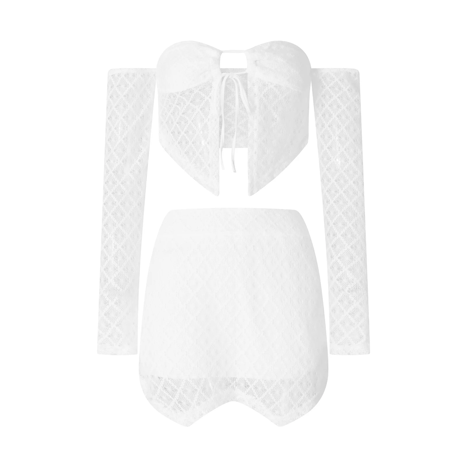 

2023 New Fashion Hot Sale Women Spring 2Pcs Outfits Geometry Pattern Off Shoulder Tie-Up Crop Tops Elastic Waist Mini Skirt Set