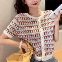 2021 women short sleeve sweet all match thin new tops lady women summer fashion single breasted printed elastic knitted sweater
