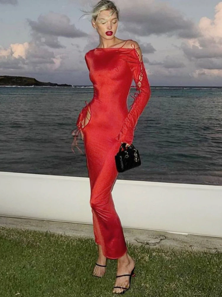 

Red Long Sleeve Maxi Dress Women Fashion Lace Up Slim Long Dress Sexy Hollow Out Beach Club Evening Party Outfits 2023 Spring