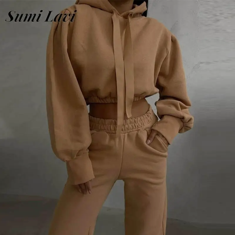 

Autumn Solid Color Casual Tracksuit 2 Piece Set Women Solid Color Sports Set New Drawstring Hooded Sweatshirt And Long Pants Set