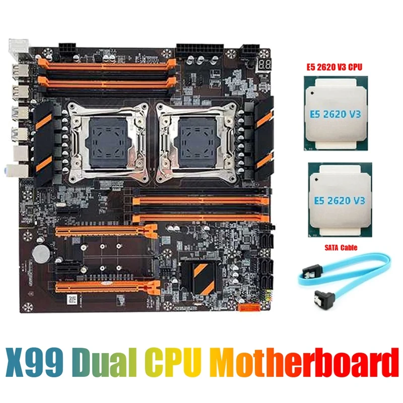 

Материнская плата X99 с двойным процессором, поддержка DDR4 ECC, материнская плата с черной печатной платой с процессором 2XE5 2620 V3 и кабелем SATA