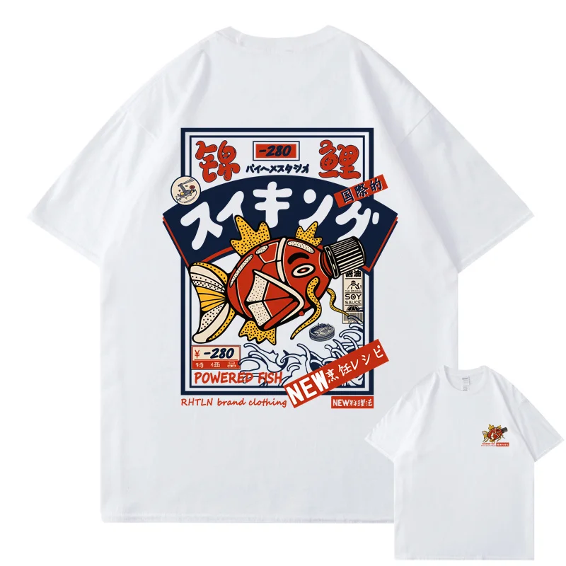 Фото Hip Hop Streetwear Harajuku T-shirt Japanse Kanji Fish Print T-shirt 2024 Mannen Katoen Casual Korte Mouw T-shirt Japan Stijl №1