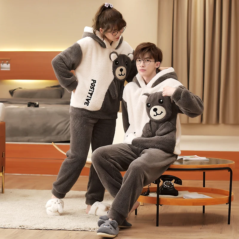 2PCS Couple Pajamas Set Women Men Winter Plush Soft Thicken Pyjamas Sleepwear  Cartoon Bear Korean Cute Lovers Homewear Pyjamas