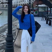 dayifun blue short twist sweater women outer wear 2022 autumn and winter new korean high waist pullover all match bottoming tops