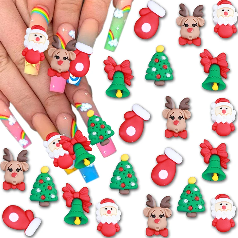 

10pcs Christmas Nail Charms 3D Christmas Nail Art Charms Cartoon Santa Claus Elk Bells Tree Gloves Kawaii Charms for Nails Decor