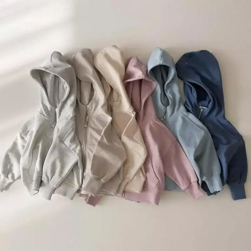 

Spring Casual Solid Zipper Hoodies Morandi Sun Protection Jacket Girls Simple Pocket Hooded Outwear Coat Boys Cotton Cardigan