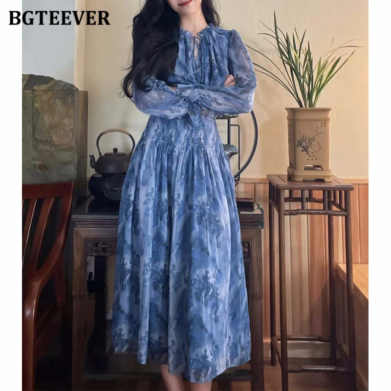 

Платье BGTEEVER женское с круглым вырезом, элегантное стильное ТРАПЕЦИЕВИДНОЕ, средней длины, с длинным рукавом, поясом на резинке, с принтом, ве...