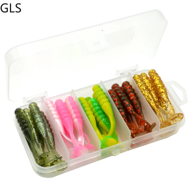 GLS New 30Pcs/Box T-tail Spiral Bionic Fishing Lure Mini Saltwater Bass Worm Fake Artificial Silicone Soft Bait Set enlarge
