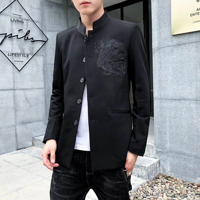 

HOO 2022 Men's Carp Embroidery blazer Slim Stand Collar Casual blazer