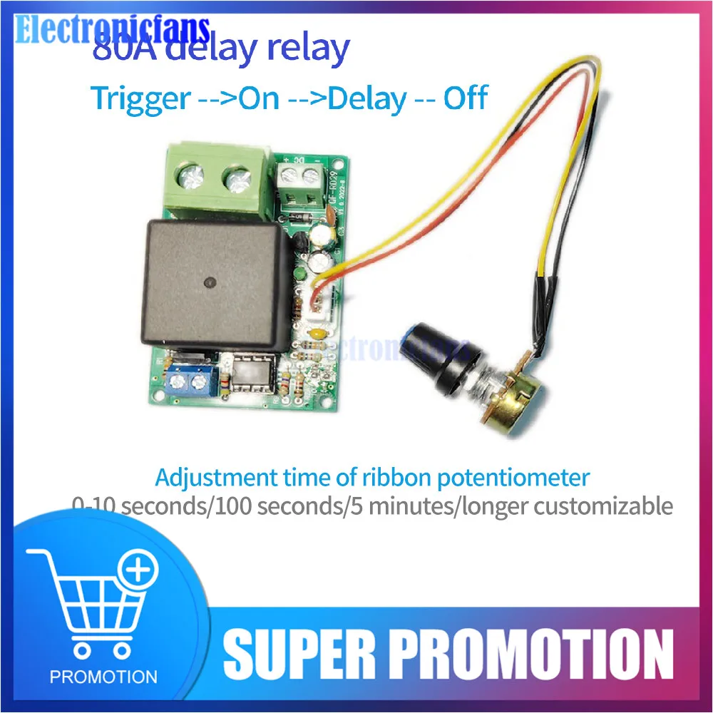 Релейный модуль с временной задержкой, постоянный ток 12 В, 24 В, 80 А, 0-10 С, 0-100 с, 0-5 мин., регулируемый триггерный контроль, плата переключателя времени с потенциометром