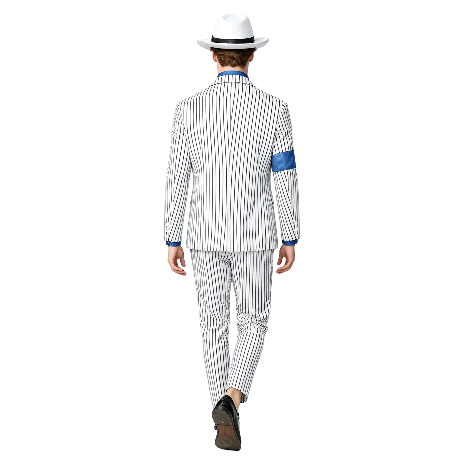 Фото Модный костюм для косплея Майкла Джексона MJ BAD Smooth Criminal, белый костюм с полосками, брюки, шляпа, унисекс, наряд для Хэллоуина и карнавала. №4