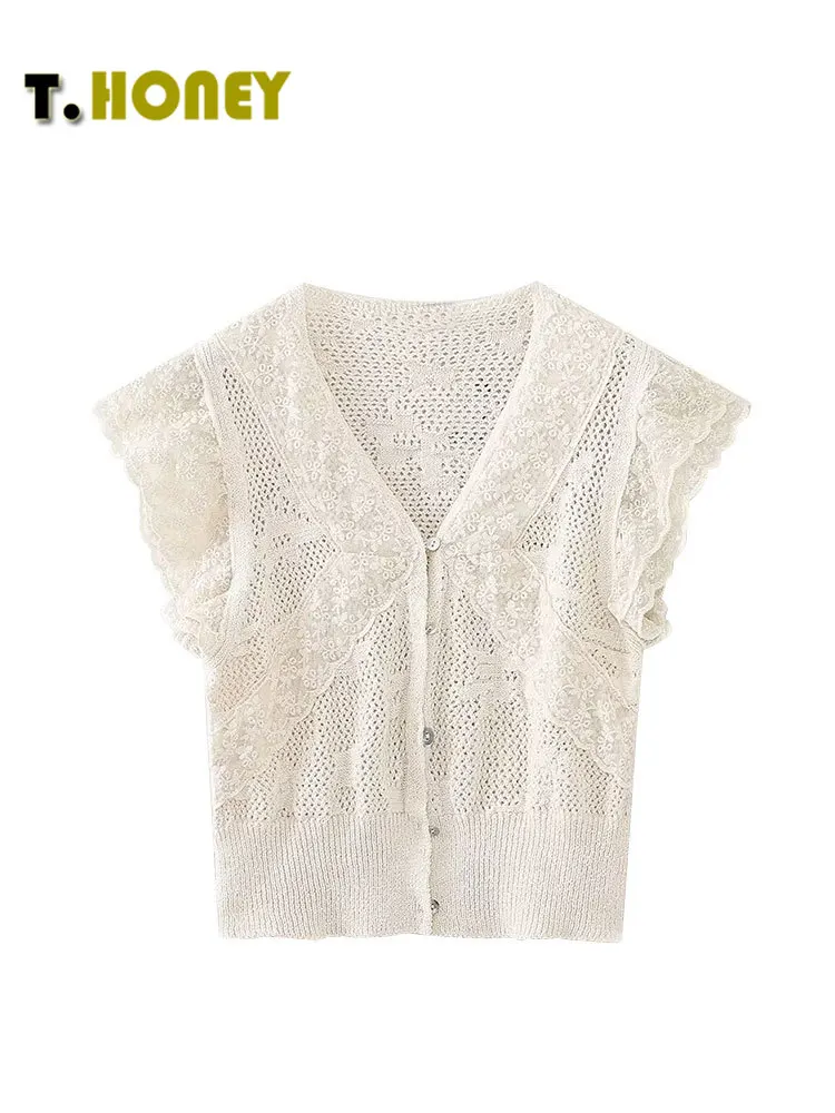 

TELLHONEY Women Fashion V-Neck Single Breasted Jacquard Mesh Hollow Out Tops Female Casual Sleeveless Slim Fitting Crop Vest