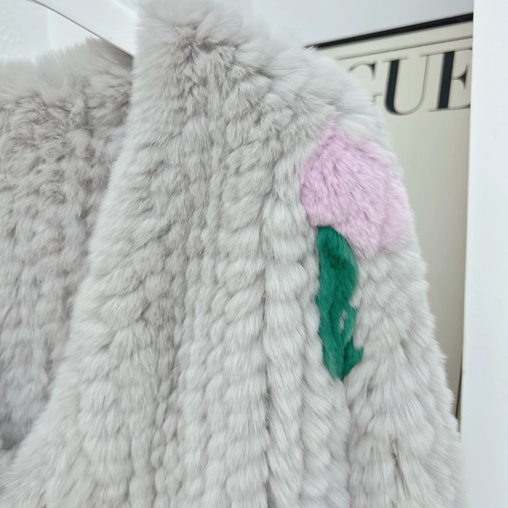 Autumn Winter Women Real Fur Coat 100% Natural Rex Rabbit Fur Jacket Short Loose Floral Knitted Outerwear Fashion Streetwear