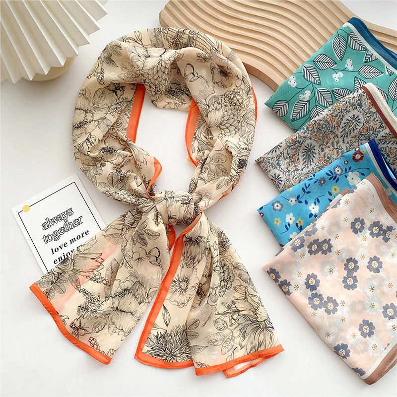 

Leaves Floral Neck Scarf Ribbon Handle Bag Ties Skinny Neck Scarves Hair Scarf Narrow Long Scarf Thin Gauze Scarf Neckerchief