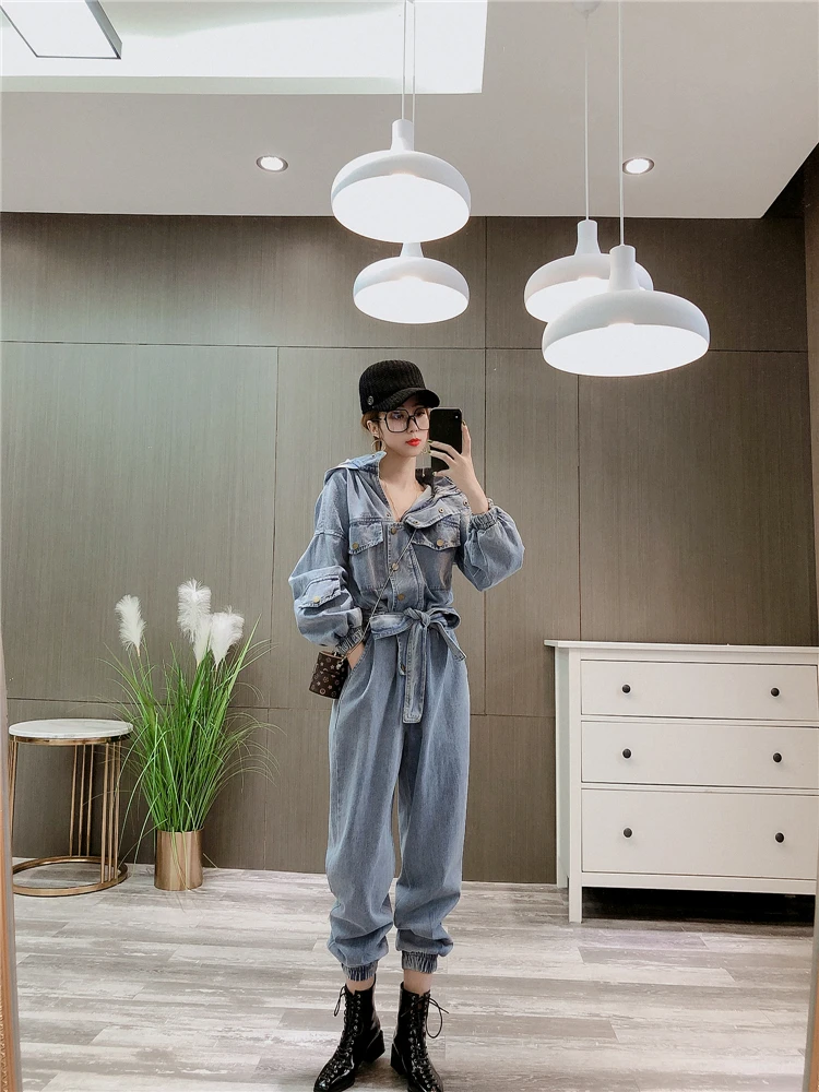 

Women High Street Denim Hooded Jumpsuits Female Spring Fall Ankle-length Handsome Long Sleeve Loose Cargo Jeans Playsuit