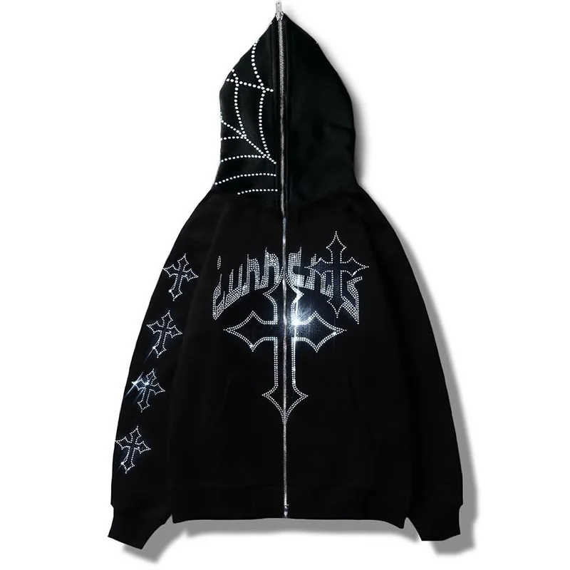 

Men Fashion Hoodie Rhinestones letter graphics Print Zip Hoodie clothes Hoodies Goth Long Sleeve Sweatshirt Oversized Top