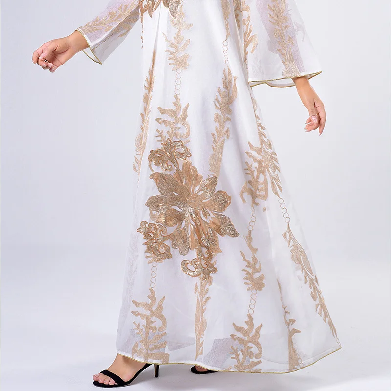 Middle East Golden Sequins Yarn Muslim Dress Cardigan Jalabiya Dubai Arab Abaya for Women Kimono Abrigo Mujer Largos Musulmana