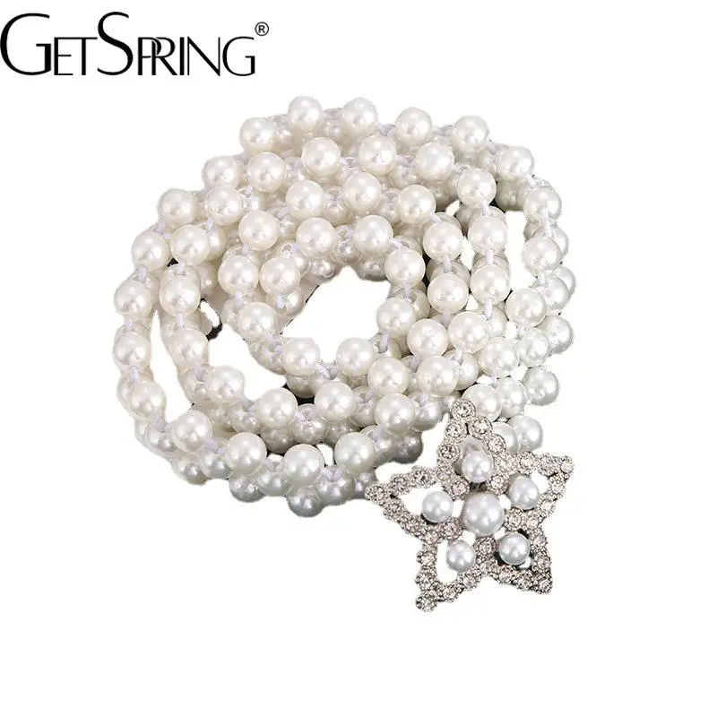 

GetSpring Women Belts Korean Temperament Thin Waist Belt Pearl Chain Women Elastic Dress Windbreaker Decoration Direct Supply