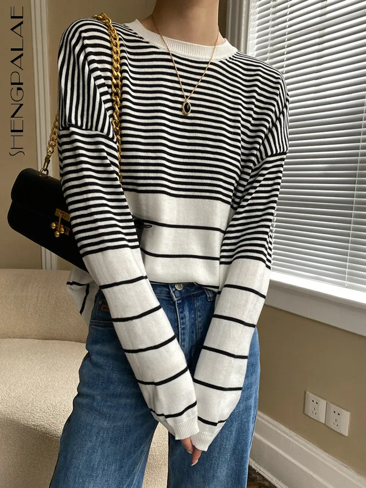 

SHENGPALAE French Stripe Contrast Color Pullover Fashion Long Sleeve Chic Knitted Women's Sweater 2023 Spring Clothing 5R1678