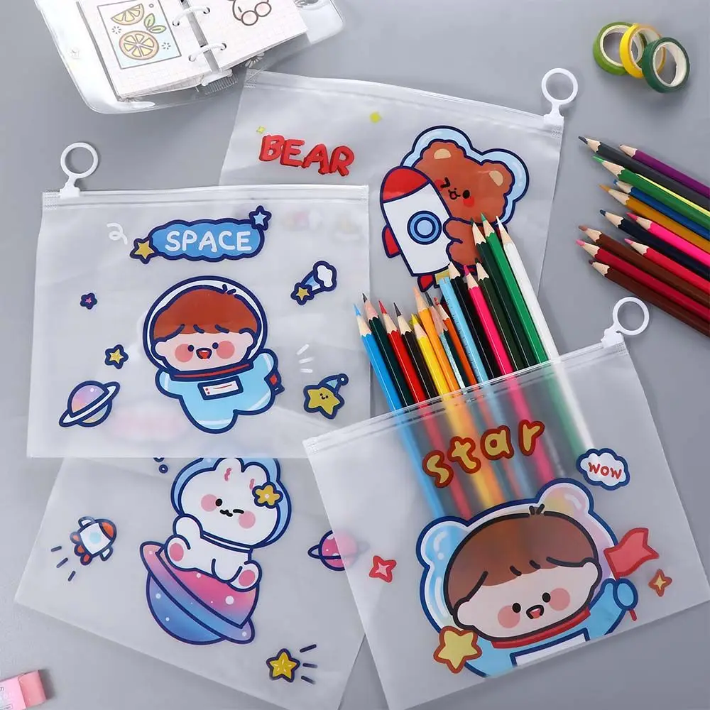 Cute Kawaii Test Paper Folder High Capacity Zipper Bag Learning Stationery Cartoon Transparent File Office Supplies