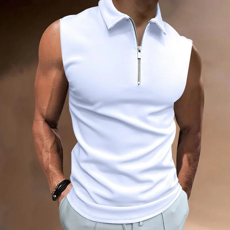 

Men's Solid Color Polo Shirt Sleeveless Breathable Turn-Down Collar Zipper Tops Casual Streetwear Summer Men Clothing