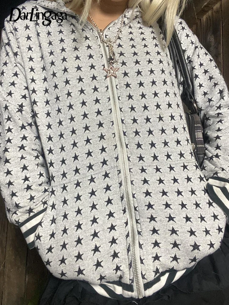 

Darlingaga Harajuku Stripe Star Pattern Print Zip Up Hoodie Women Jacket Grunge Retro Autumn Winter Sweatshirt Loose Coat Hooded