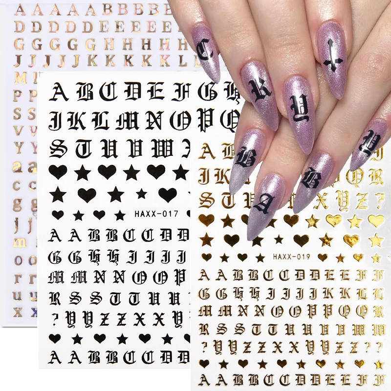 

3D Colorful 26 Alphabets Nail Art Stickers Holographic Laser Self-adhesive Heart Letter Nail Decals DIY Nails Tattoos Stickers
