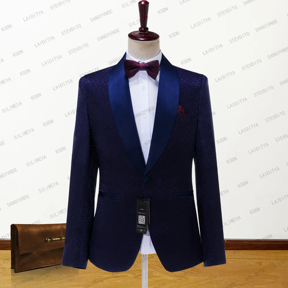 2023 New Men Arrival Business Casual Wedding Party Navy Blue Jacquard Satin Lapel Jacket Male Blazer Coat Fashion Slim Fit Suit