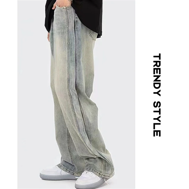 Men Clothing New Pattern Recreational Vintage Broad Leg Yellow Mud Dyeing Jeans Straight Cylinder Loose Cargo Pants Autumn Women