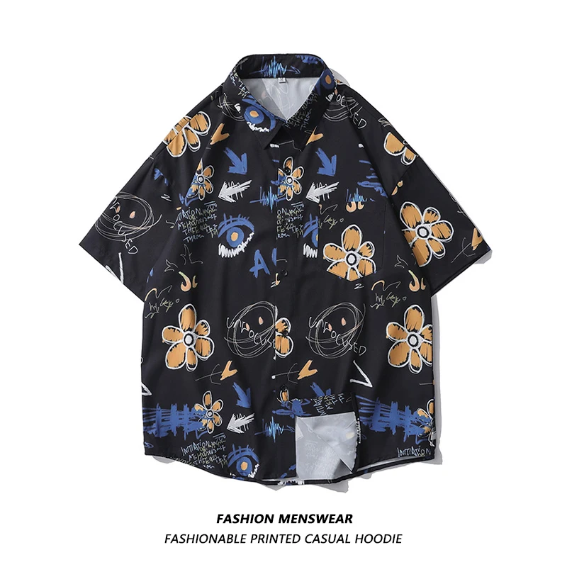 

Oversize 2022 Summer Street Bombing Graffiti Printing New Personalized Male Female Students Versatile Couple Casual Shirt