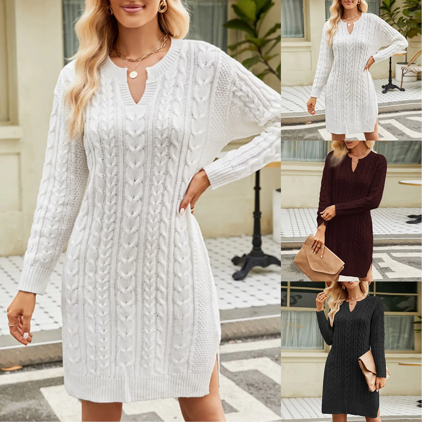 

Casual Fall Dress Womens Mid Length Knitted Dress Solid Split Loose Pullover Womens Woolen Dress