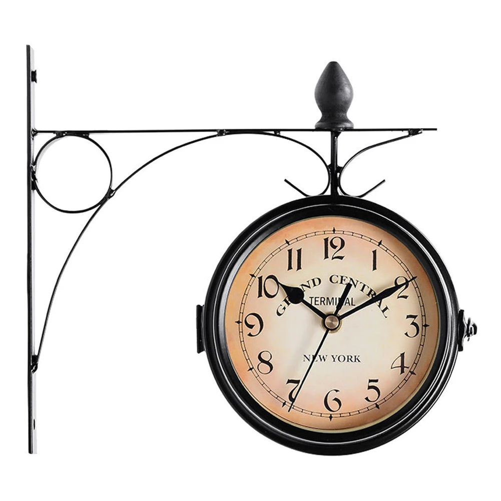 Retro Coffee Bar Hanging Double Sided European Style Metal Station Mount Round Wall Clock Decoration Battery Powered Outdoor