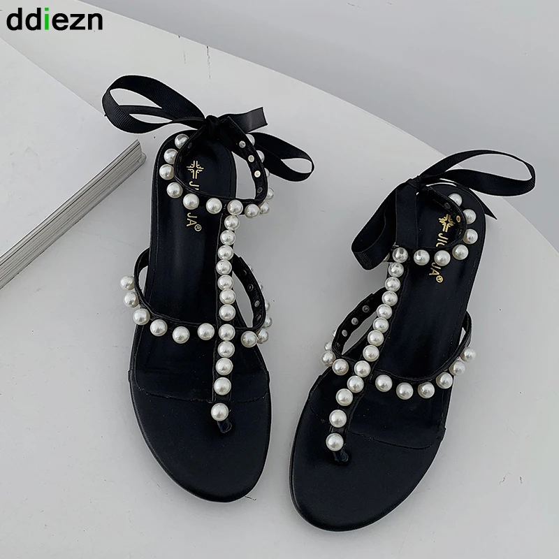 

Женские туфли-лодочки, сандалии-гладиаторы до щиколотки с открытым носком, летние праздничные женские туфли-лодочки с жемчугом, 2022