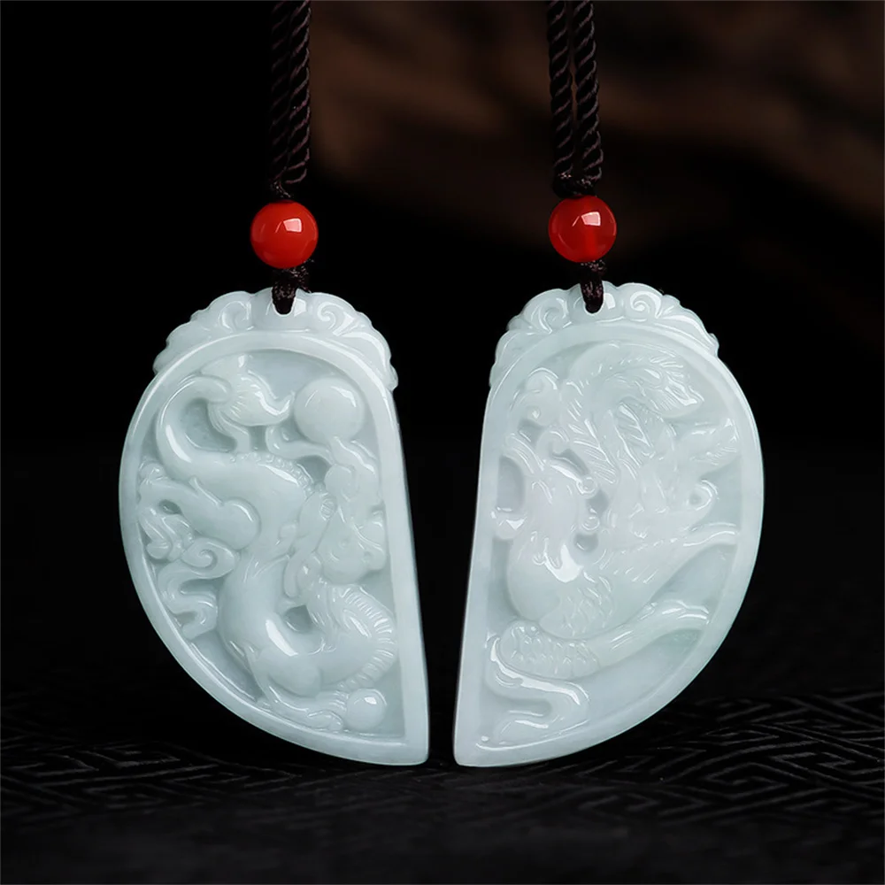 Ретро натуральный зеленый жадеит резной дракон Феникс пары кулон амулет