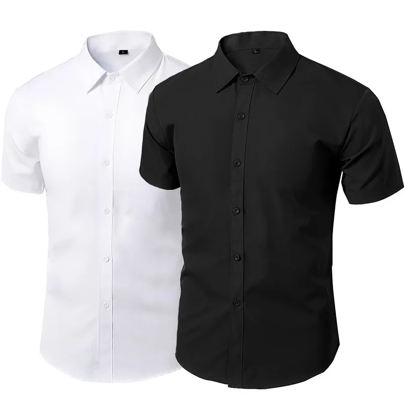 

Summer Short Sleeve Dress Shirts Men Male Non-iron Workwear Slim Social Shirt White Black Branded 5XL Vintage