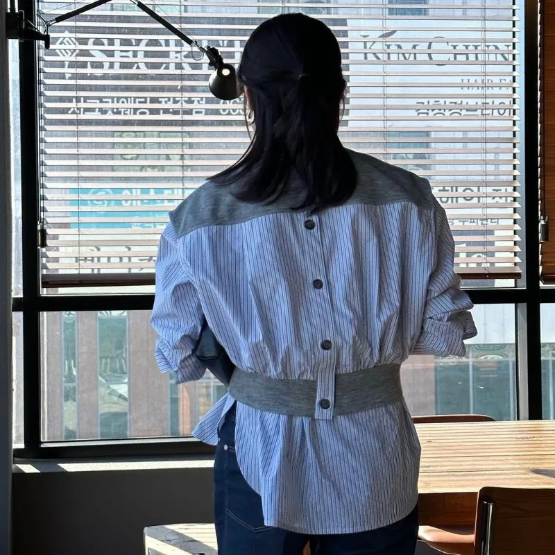 Рубашки и блузки с имитацией двух предметов милые Полосатые длинным рукавом