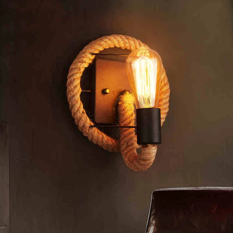 

Настенный ретро-светильник из пеньковой веревки, железная лампа в американском стиле для загородной спальни, ресторана, кафе, бара, промышл...