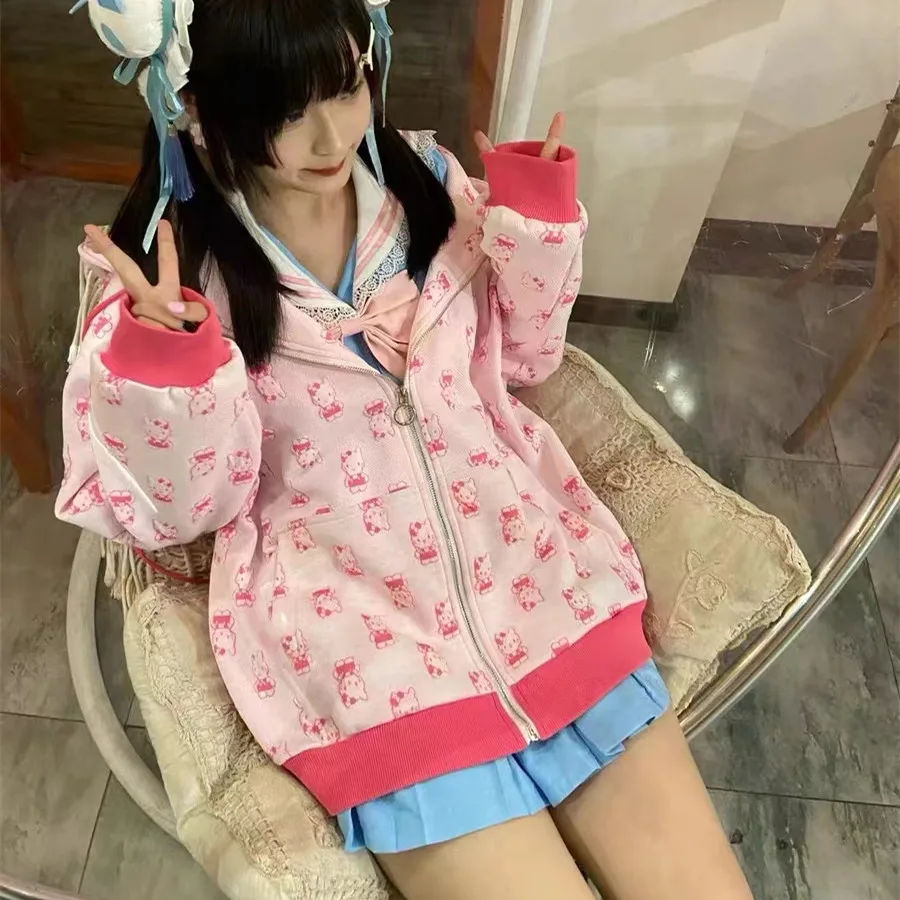 

Толстовка с капюшоном Hello Kitty, оригинальный повседневный костюм Sanrio с капюшоном, мультяшный пиджак Y2K Spice Girl, узкие свободные брюки с низкой п...