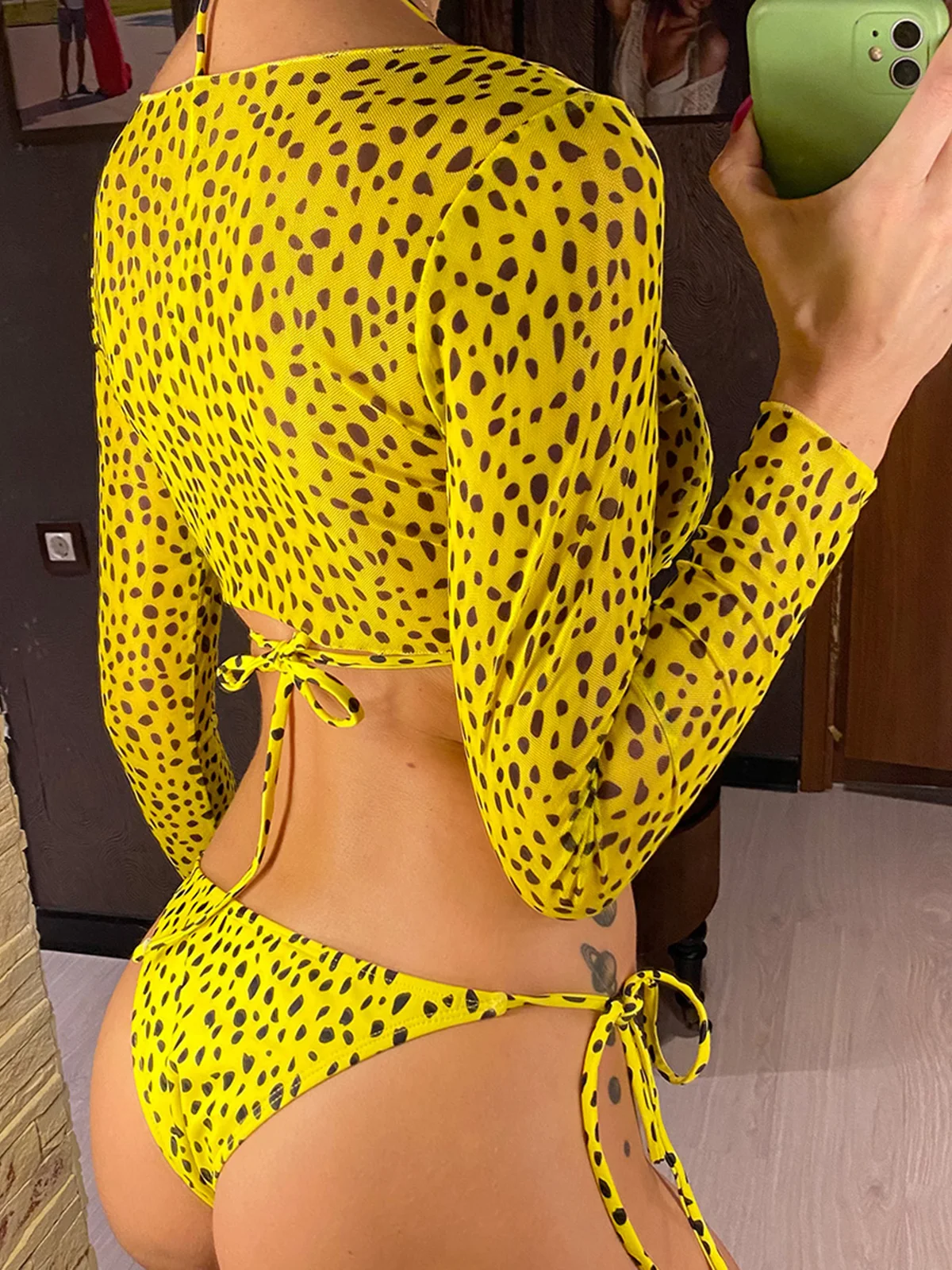 

S- XXL Leopard Printed Long Sleeve Bikini Women Swimwear Female Swimsuit Three-pieces Bikini set Bather Bathing Suit Swim V3193Y