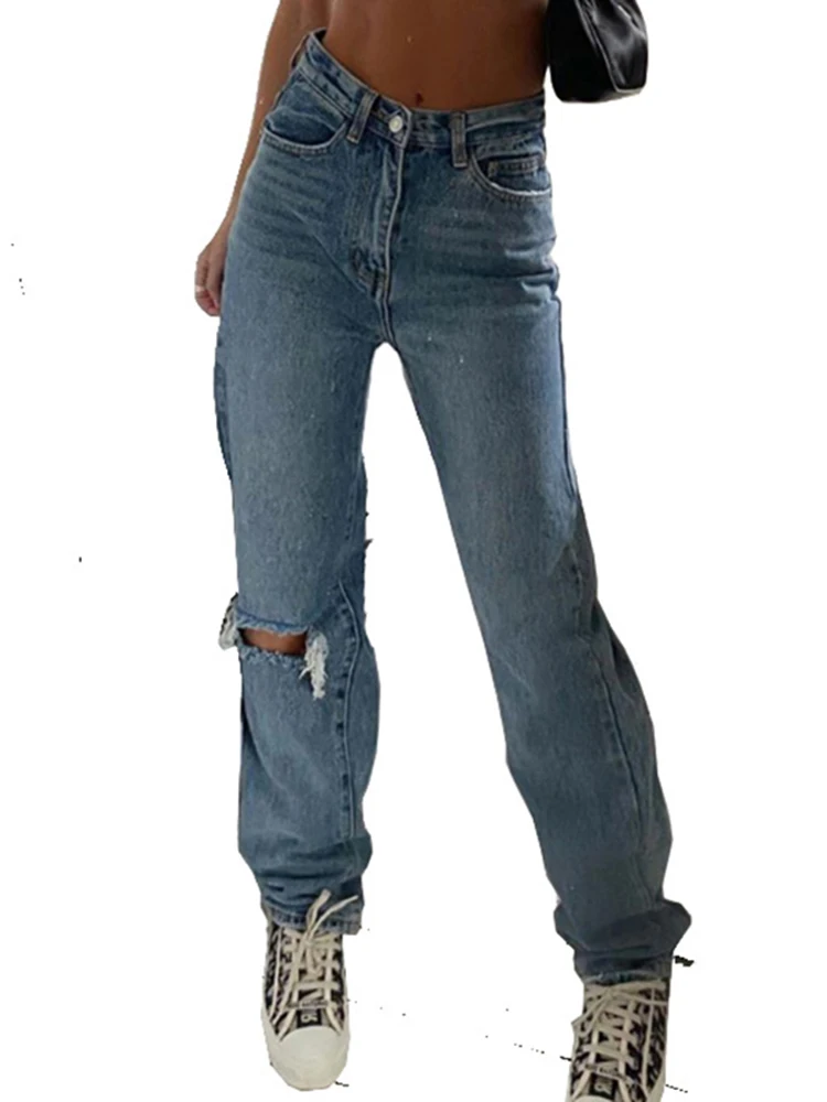 Hip-hop solid color ripped long hole jeans denim long hole ruins casual brand ladies jeans trousers ladies