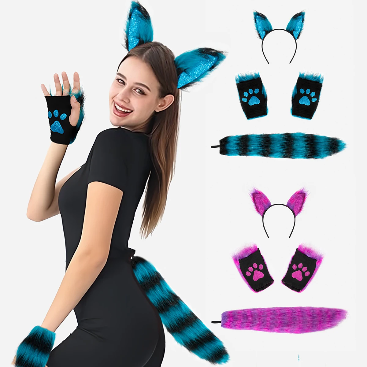 Повязка на голову с котом волком лисьим хвостом и искусственными ушками