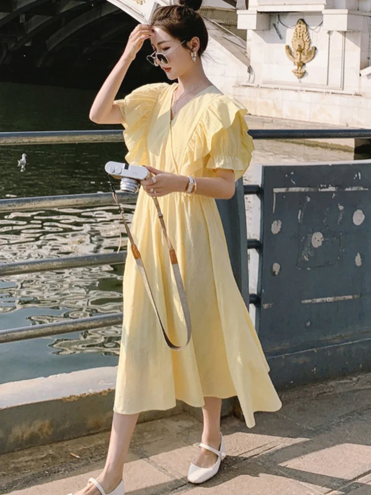 

Ruffles Summer Dress V Neck Short Puff Sleeves Solid Color Long Length Female 2022 Summer New Fashion Clothing G194
