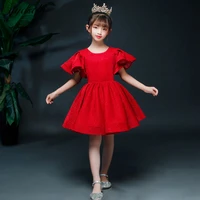 simple red shiny mini flower girl dresses for weddings o neck short puff sleeves todder pageant kids first communion gowns 2022